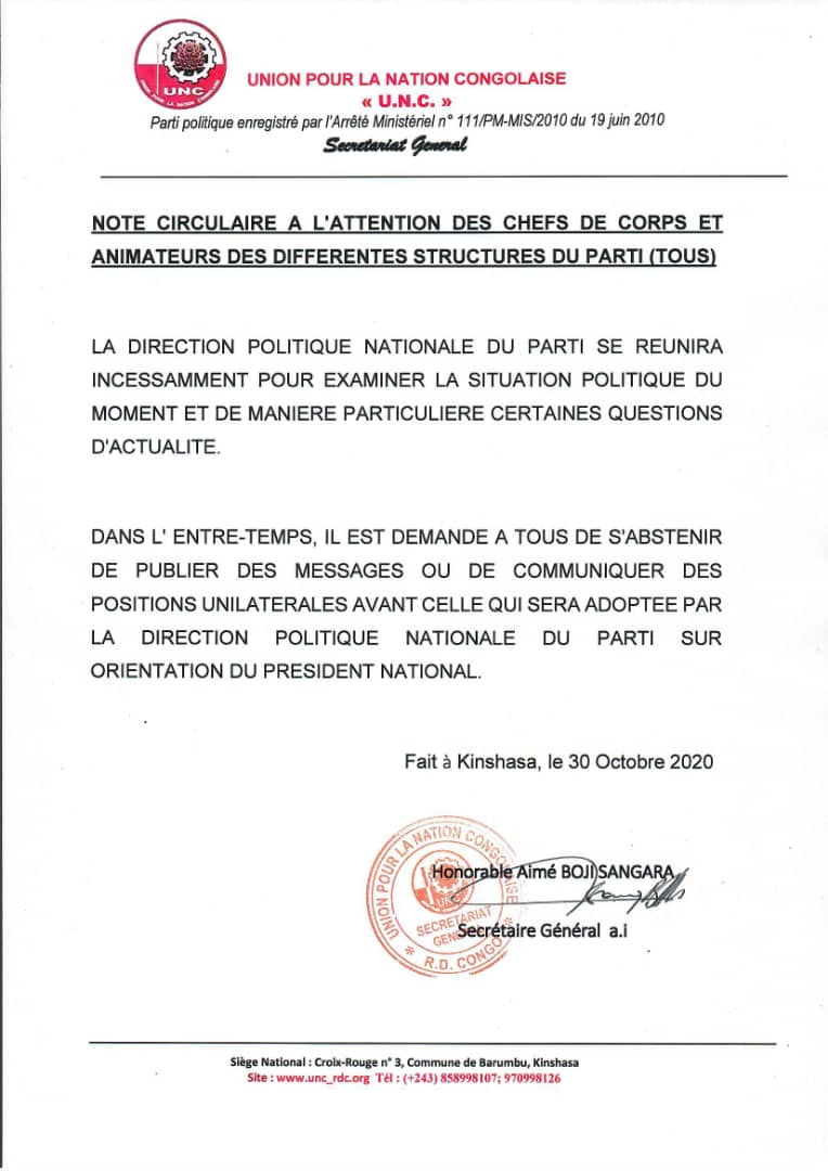 Consultations : l’UNC de Vital Kamerhe va se prononcer dans les tout prochains jours (Circulaire du Secrétaire Général Aimé Boji)