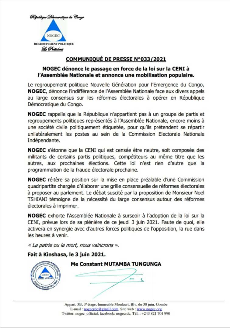RDC-Réformes électorales : la NOGEC dénonce le forcing à l’Assemblée nationale et promet une mobilisation populaire